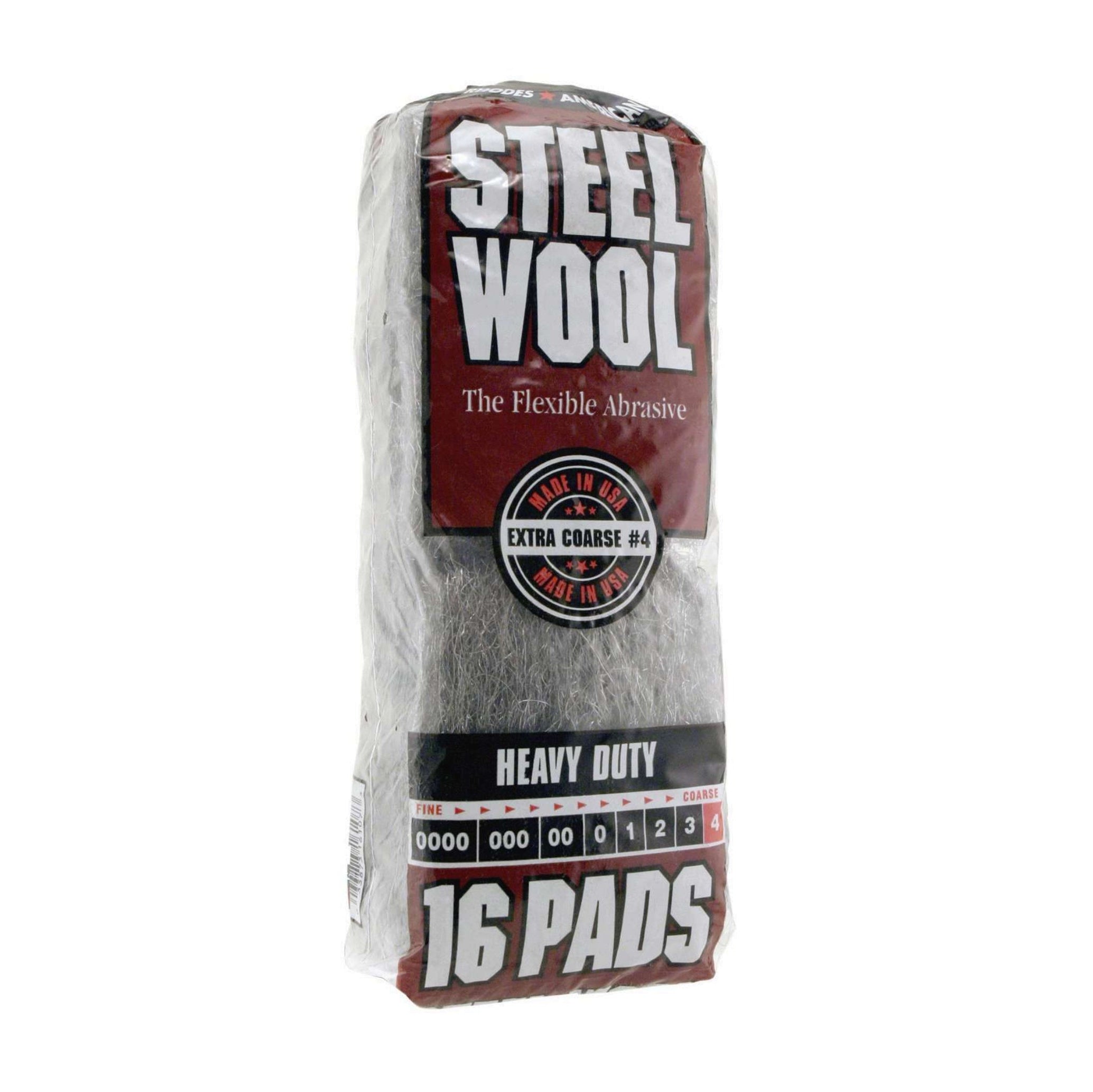 RHODES AMERICAN 16107 Steel Wool Pads, Heavy Duty #4 (16PC/Pack) feature gray and red packaging and provide extra coarse, flexible abrasive pads ideal for tough cleaning and rust removal.
